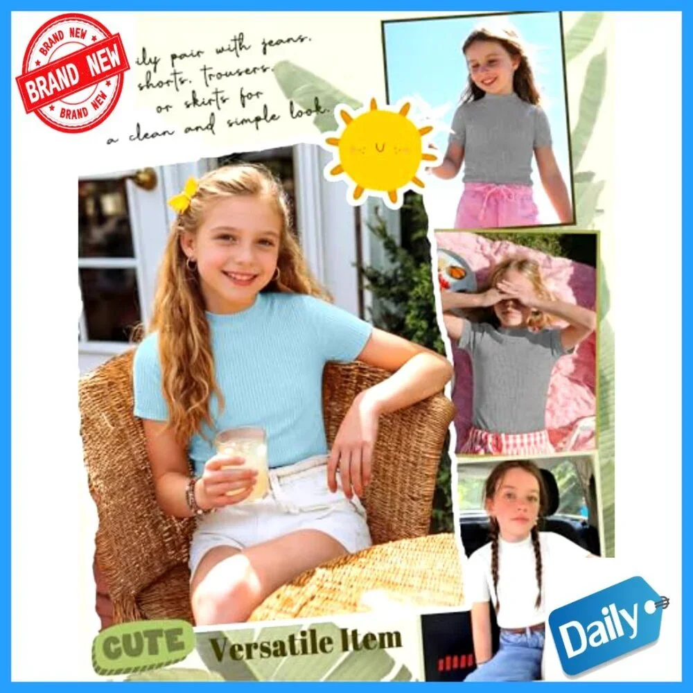 3 Pack Girls Mock Neck Ribbed Tees Slim Fit Short Sleeve Tops